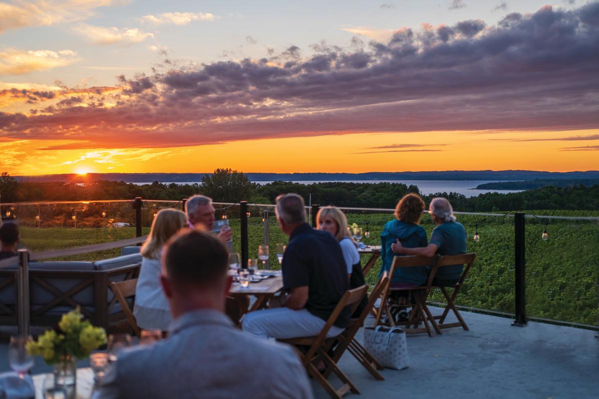 Sunset over West Grand Traverse Bay from a winery terrace